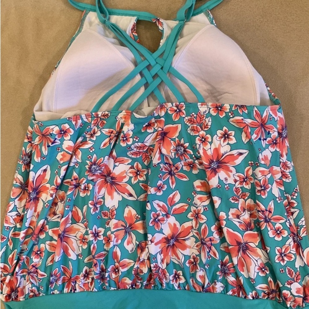 Lands’ End Tankini Swimsuit Top Blouse on Floral Turquoise Coral Strappy sz 24W - Picture 3 of 15